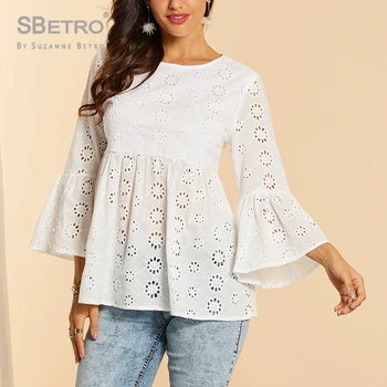 

SBetro Solid Tie Back Flounce Sleeve Schiffy Peplum Top 2019 Cute Round Neck Long Sleeve Summer Blouse Womens Tops And Blouses