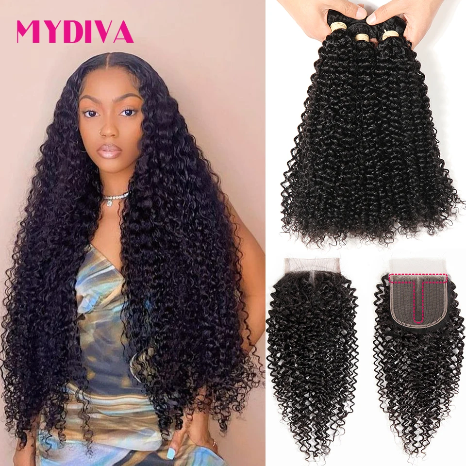 30 Inches Kinky Curly Bundles With Closure 4x4 T Part And Brazilian Hair Remy Human | Шиньоны и парики