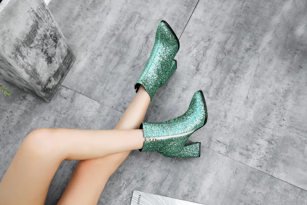 Г., новые женские ботильоны модные зимние ботинки на Высоком толстом каблуке с острым носком, расшитые блестками женские ботинки челси золотого, серебряного, зеленого цвета