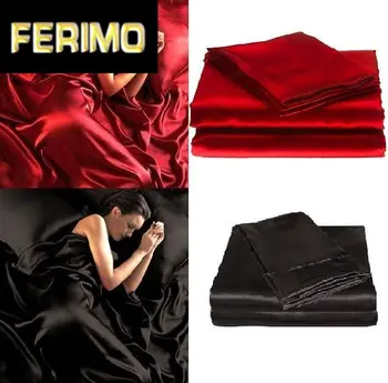 

95gsm 4 Pce Luxury Satin Silk Soft QUEEN Bed Fitted Sheet Set - RED BLACK 38