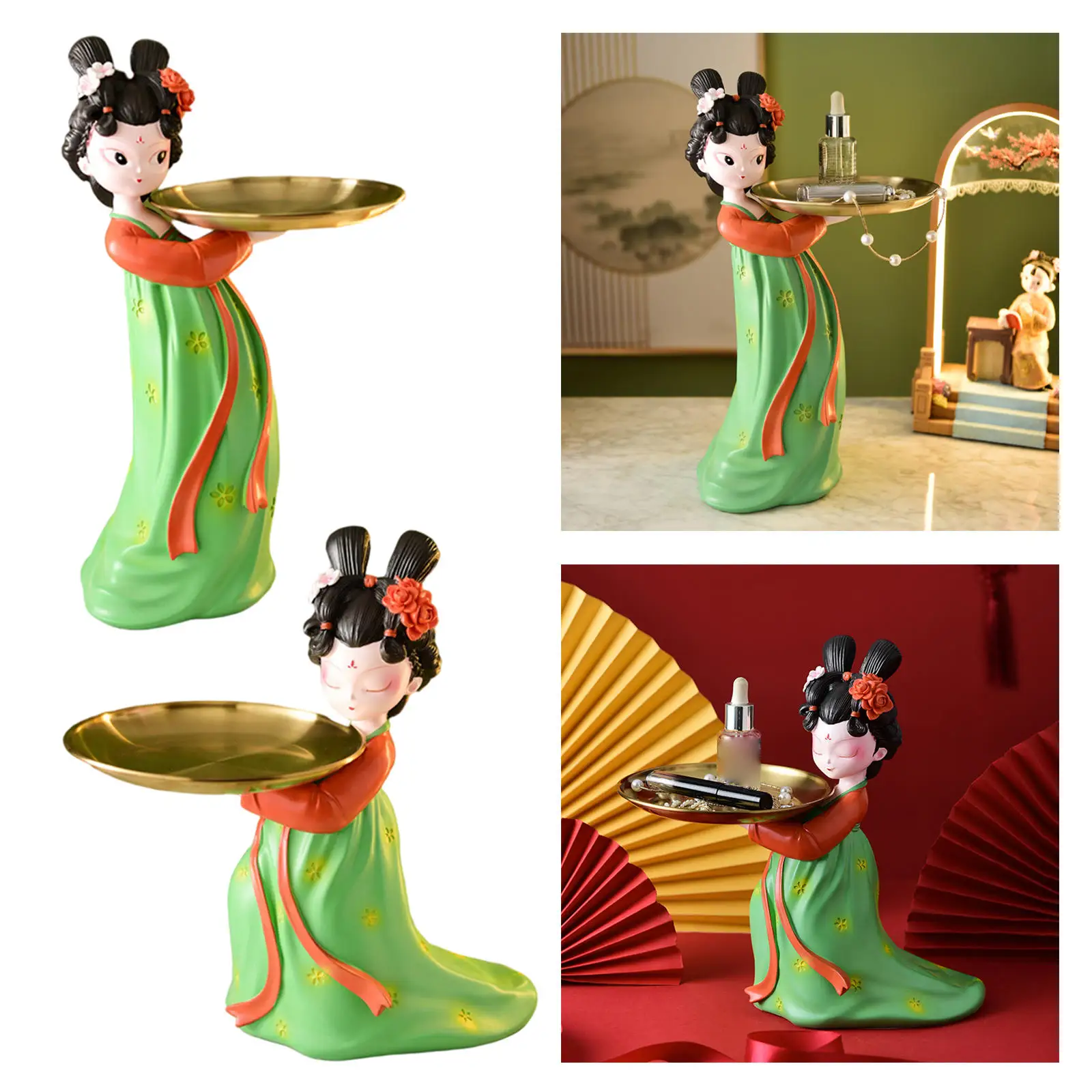 New Chinese Girls Figurine Jewelry Tray Decorative Statue Ornament Sculpture Home Table Decor