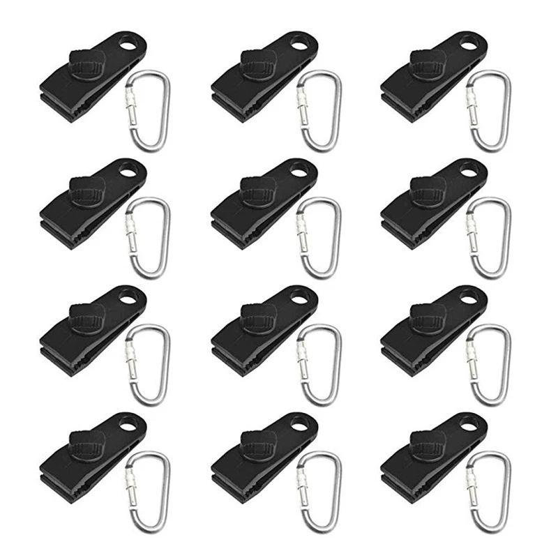 

12Pcs Fixed Plastic Clip Reinforcement Clip with 12 Carabiner for Outdoor Tent Awnings Caravans Boat Covers