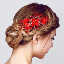 Красный цветок ручной работы Свадебный головной убор Свадебные ювелирные изделия Аксессуары для невесты хрустальные стразы ювелирные изделия шпильки с жемчугом серебряная с подвесом расческа