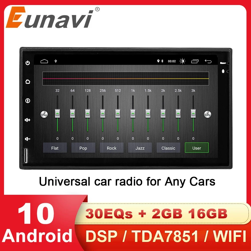 Eunavi 2 din 7'' Universal Android 10 system Car Multimedia player Radio Audio stereo GPS Navigation TDA7851 DSP WIFI NO DVD