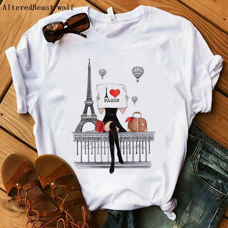 Футболка женская с принтом I love Paris повседневный Свободный Топ коротким рукавом