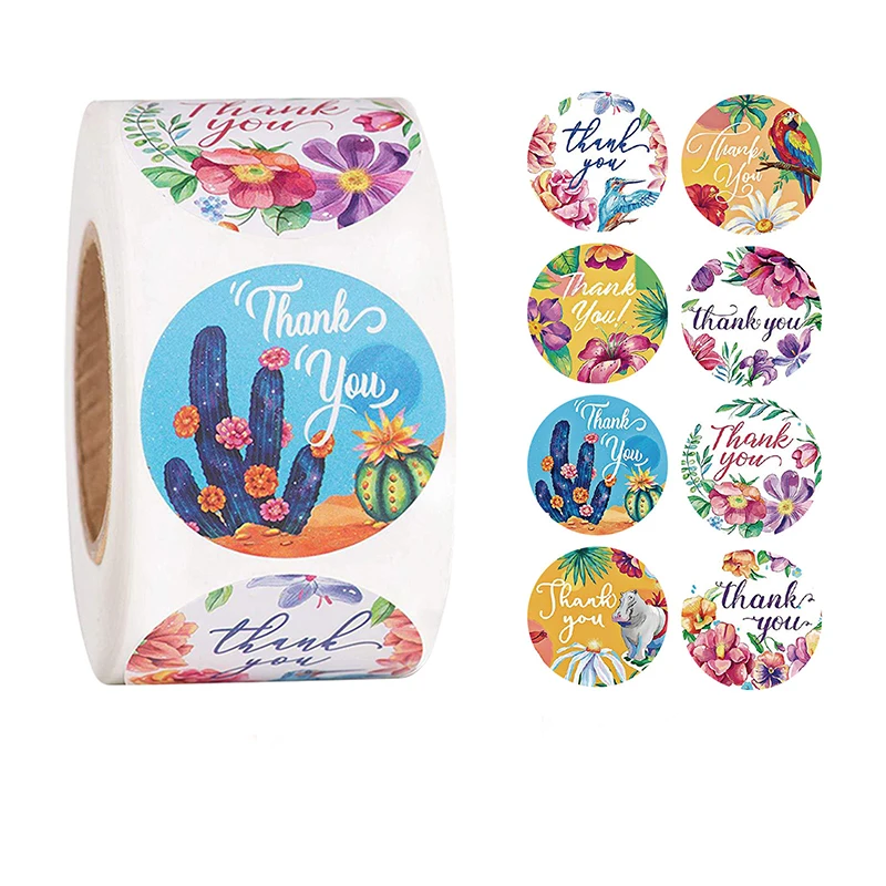 1 Roll(500Pcs) Flowers Thank You Sticker Paper Labels Round Reward scrapbooking Stickers Envelope Seals Stickers Stationery