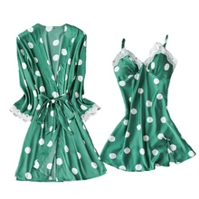 Nightgown women summer white polka dot robe sexy Nightwear two-piece suspenders home service belt chest bathrobe платье