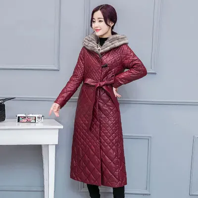Jujube red Длинная куртка-пуховик из искусственной кожи г. Женская зимняя модная Новая тонкая куртка-пуховик с меховым воротником из норки теплое кожаное пальто Tide hh00132 - Цвет: Jujube red