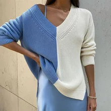 

Autumn and Winter New Sweater Stitching V-neck Foreign Trade Wholesale Street 2021 Lazy Casual Loose Sweater Women