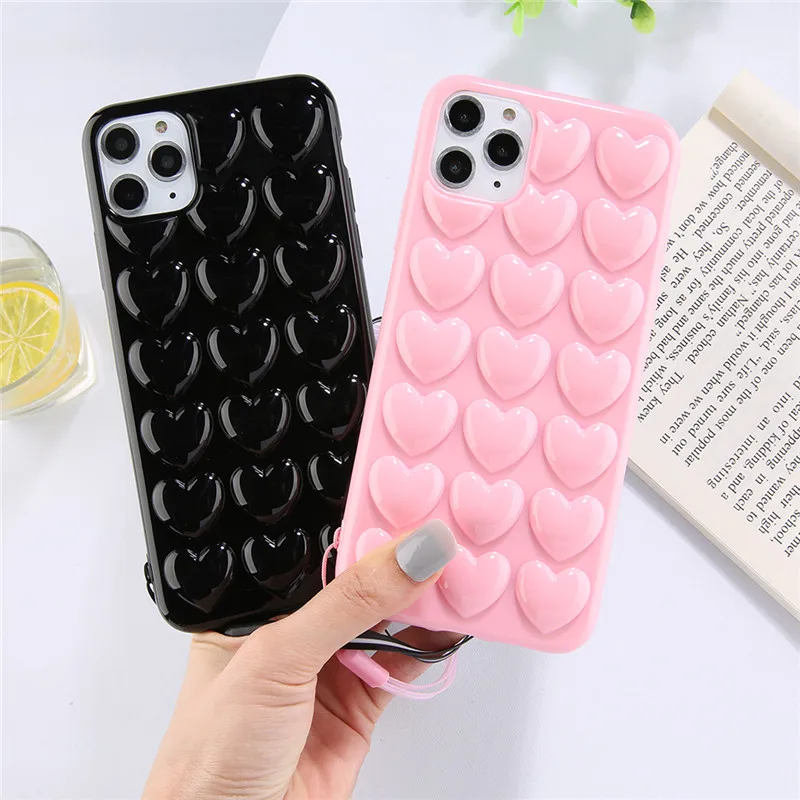 Moskado 3D чехлы для телефонов с сердечками для iPhone 11 Pro X XS Max XR 7 8 6 6s Plus, сплошной цвет, Прозрачная мягкая задняя крышка из ТПУ с ремешком