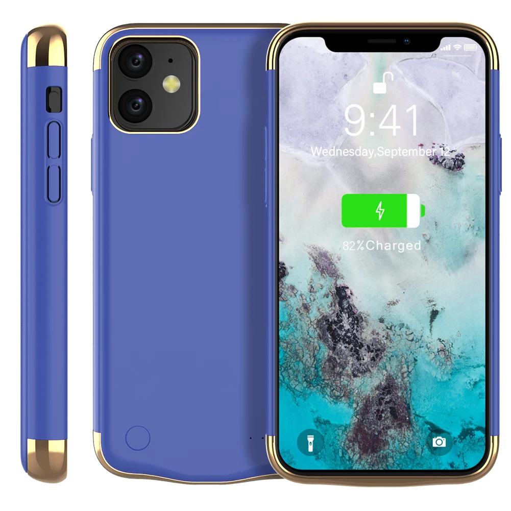 Для iPhone 11 6,1 дюймов зарядное устройство чехол 6000 мАч внешнее резервное зарядное устройство power Bank чехол для батареи телефона защитный ковер - Цвет: Синий