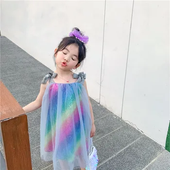

summer baby girls princess dress knee length tie lace up vestidos mesh sequins rainbow stripes toddler glitter 1 to 8 yrs jt32