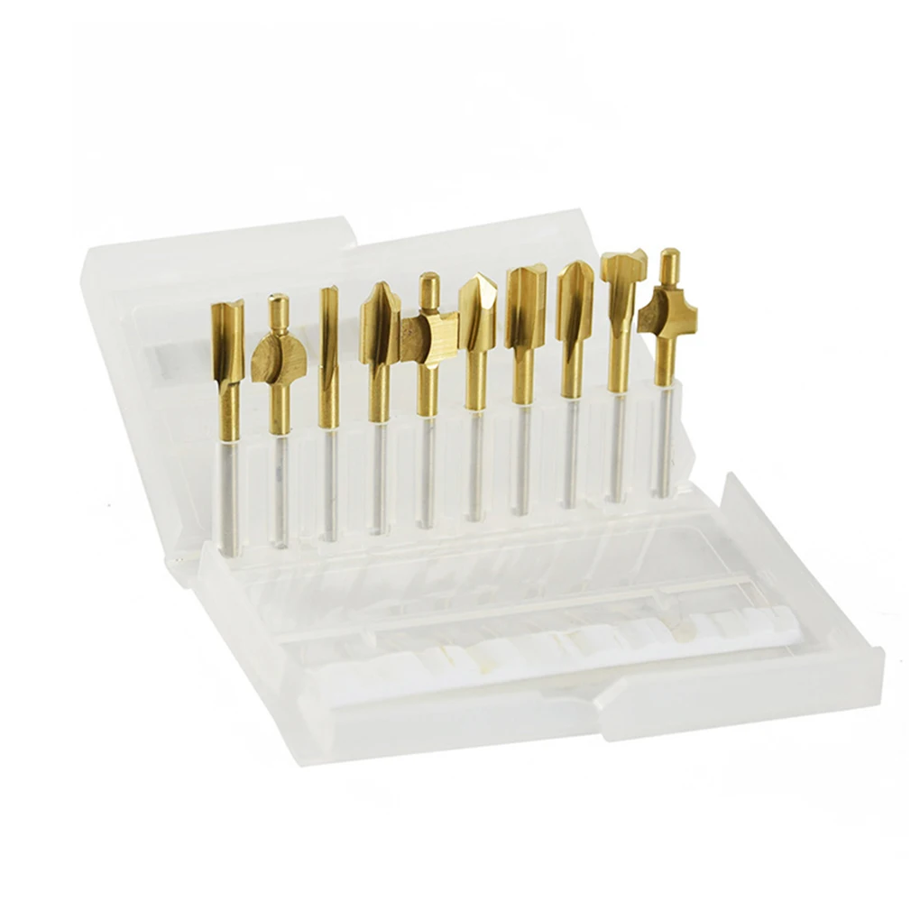 

10pcs Set Box 3mm HSS Titanium Router Bits Wood Milling Fits Rotary Tool Engraving Machine Knife Sharpening Slot