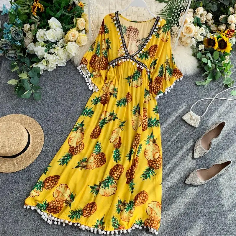 new fashion women's Beach holiday beach feminine deep V-neck pineapple print dress