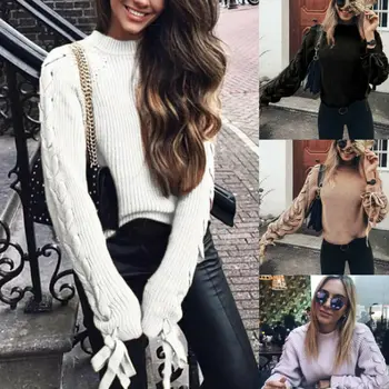

Fashion Women Crew Neck Pullover Long Sleeve Knitted Jumper Tops Loose Warm Winter Lace Up Sweater Shirt Casual Outwear Top