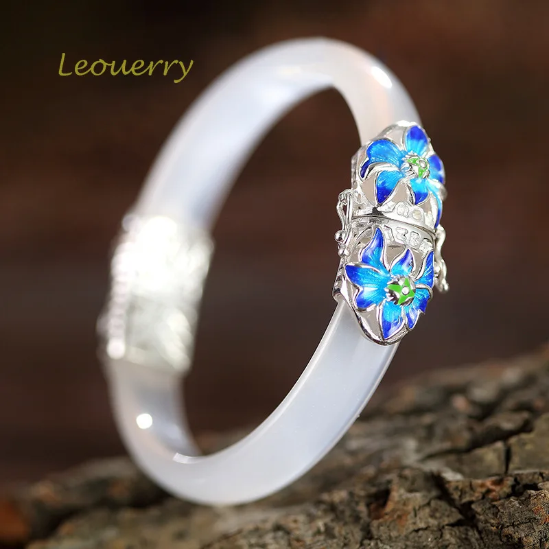 Leouerry, агат, халцедон, Открытый браслет, 925 пробы, серебро, перегородчатая эмаль, Орхидея, нефрит, женский, винтажный, роскошные ювелирные изделия
