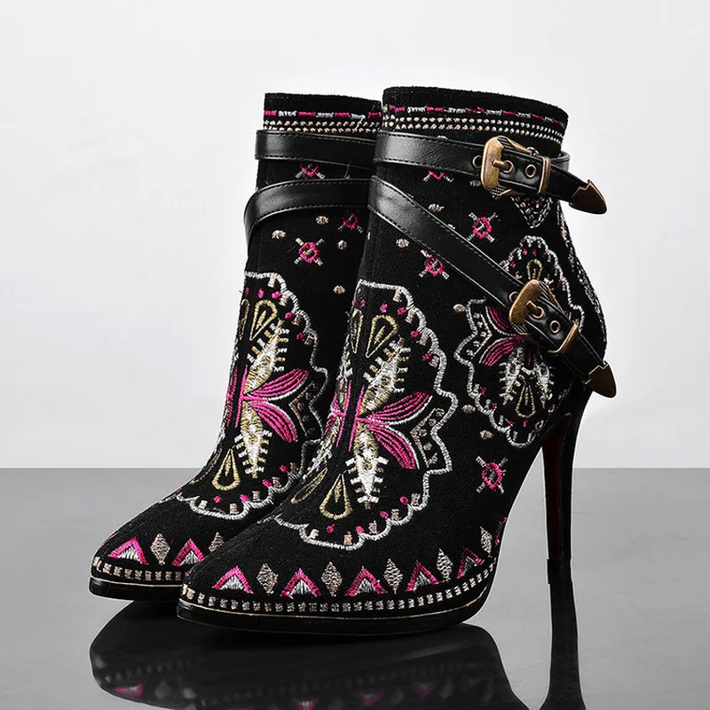 

Womens Pointed Toe Genuine Leather Ankle Boots Stilettos High Heel Embroidery Retro Floral Casual Belt Buckle Shoes New A1609