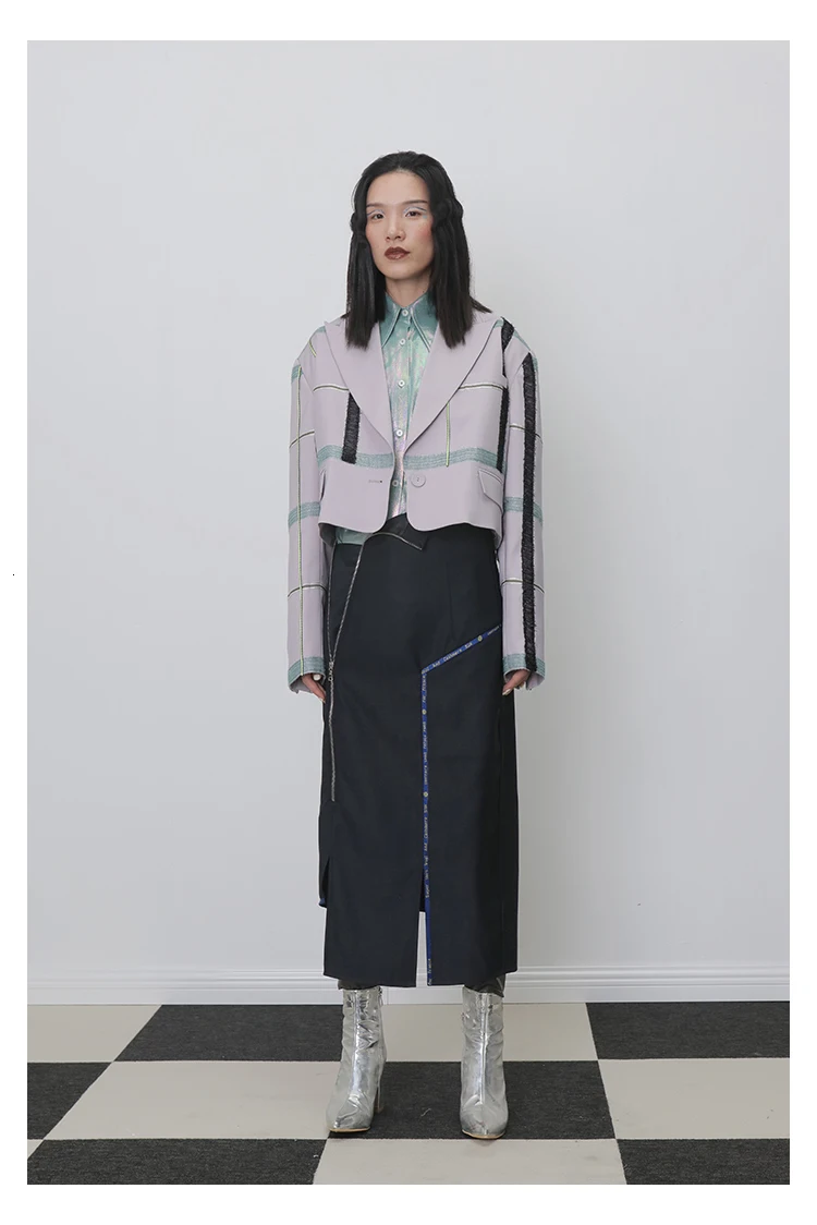 [EAM] Женский клетчатый Блейзер большого размера, свободный пиджак с отворотом и длинным рукавом, модный весенний осенний 1H269