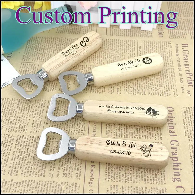 

(200pcs/Lot)FREE SHIPPING+Custom Printing Wood Handle Bottle Opener with Stainless Steel Top Openers Wedding Party Giveaways