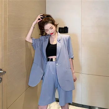 

2 Piece Set Women Blazer Suit Jacket + Bermuda Shorts Korean Fashion Design Long Sleeve Patchwork with Shoulder Pads Waistband