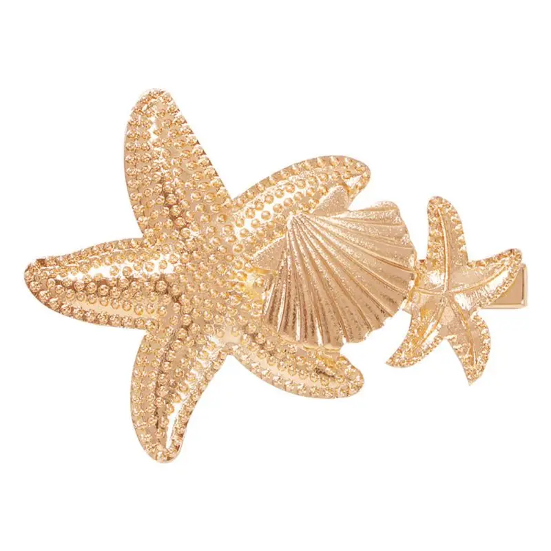 Marine Style Women Metallic Gold Duckbill Hair Clip Faux Pearl Rhinestone Starfish Shell Hairpin Beach Holiday Wedding Barrette - Цвет: A