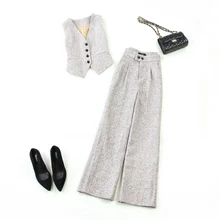 Новинка года; сезон осень-зима; шерстяная одежда с узором в елочку; большие размеры; широкие брюки с высокой талией; короткий жилет; костюм