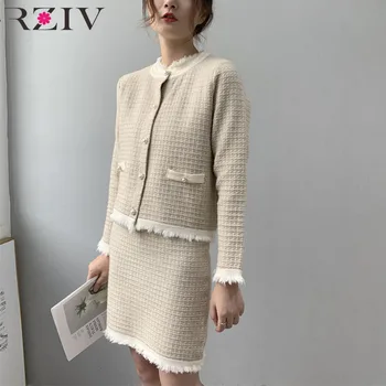

RZIV Autumn and winter women's suit casual plaid knit vest dress + sweater jacket set