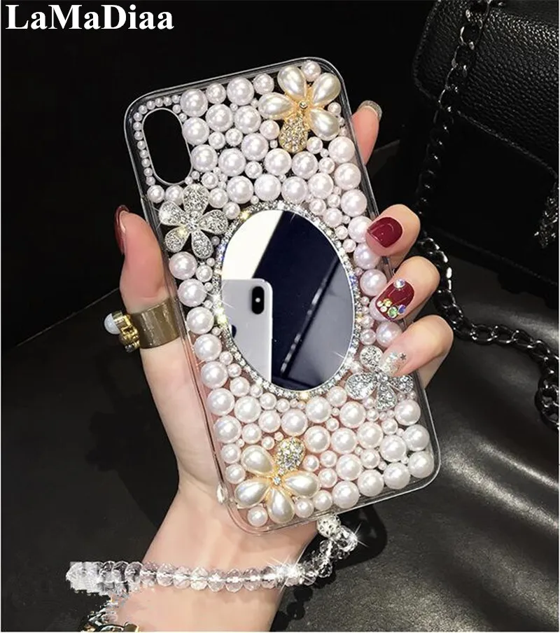 

Bling Shiny Diamond Crystal Pearl Flower Phone Cover Mirror Case For Huawei P8 P9 P10 P20 P30 PLUS LiTE Mate 10 20 Pro Lite