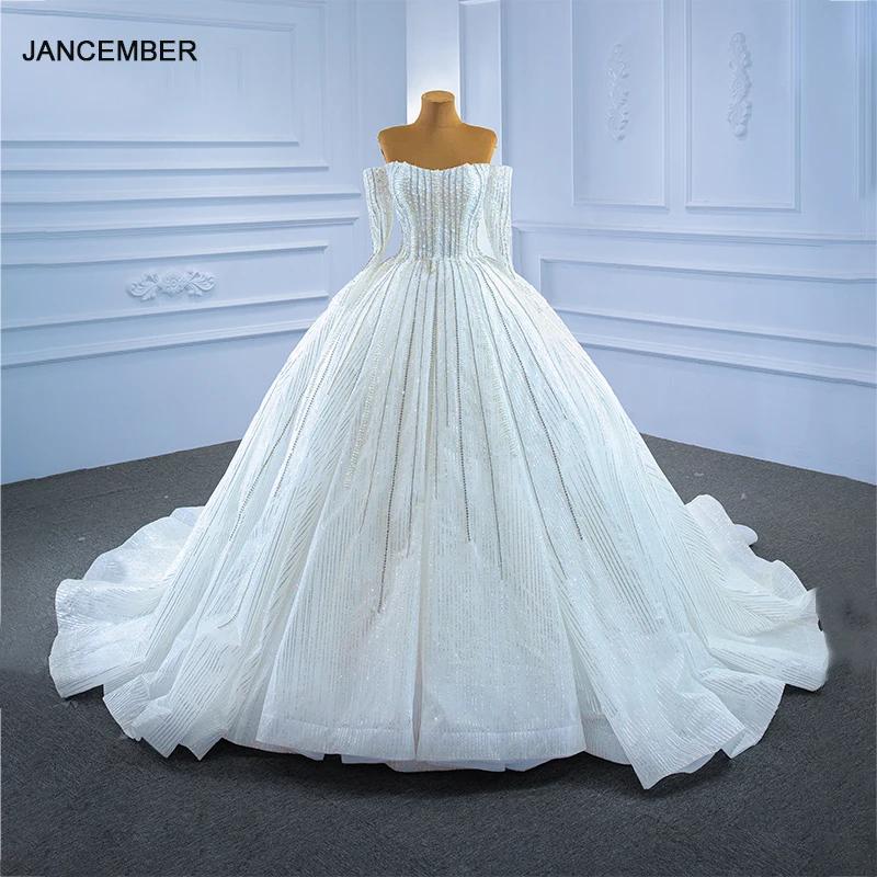 J67270 JANCEMBER White Off-shoulder Wedding Dress 2021 New Long Sleeve Striped Sequins Decoration Backless свадебное-платье 1