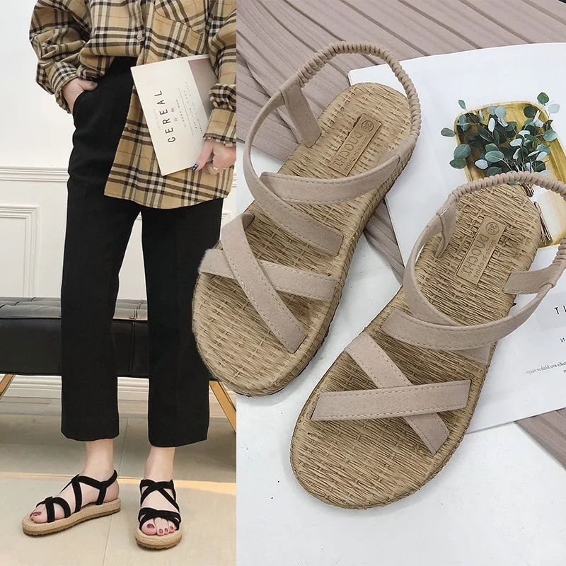 

2019 Summer New Style Korean-style Flat Heel Cross Straps Open Toe Hollow out Elastic Foot Covering Students WOMEN'S Slippers Wa