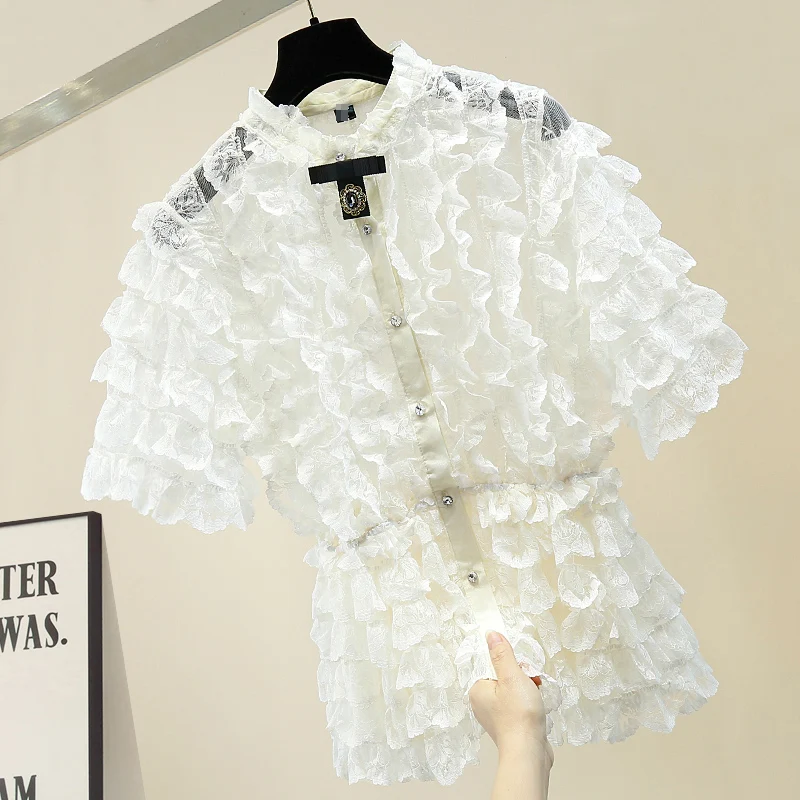 

Women's Lace Blouse Court-Style Pleated Lace Ruffles Stand Collar Perspective Sexy Shirt Women's Summer Tops Blusa