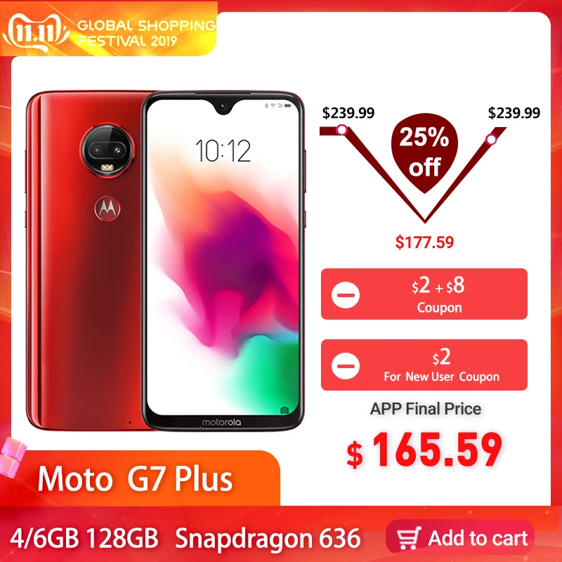 Motorola Moto G7 Plus 4G смартфон 6,24 ''FHD+ Двойная камера заднего вида с экраном капли воды 128 ГБ Восьмиядерный мобильный телефон Snapdragon 636