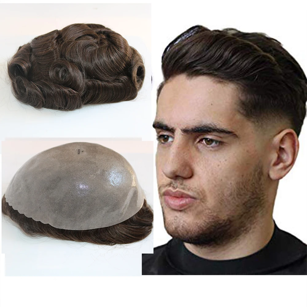 

Brown Color Hair Toupee For Men Hair Pieces Single Knots Virgin Human Hair Replacement System For Men Hair Toupee 10" x 8" Size