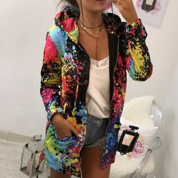 

Spring Autumn Bomber Jacket Coat Women Print Pocket Zipper Hooded Outwear Casual Windbreaker Thin Slim Overcoat