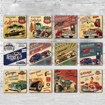 

Route 66 Car Service & Repair Poster American Vintage Tin Sign Metal Plate Plaques Decor For Garage Square Iron Painting 30x30cm