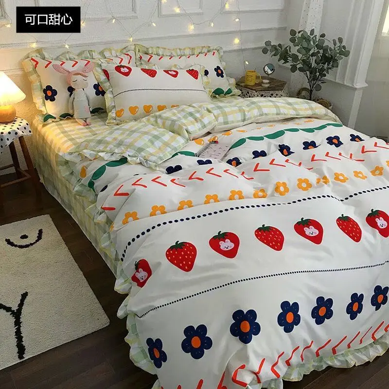 Four-piece set on a lotus leaf bed Korean style fragrant taro purple grid soft small fragrant style bed sheet three-piece set 