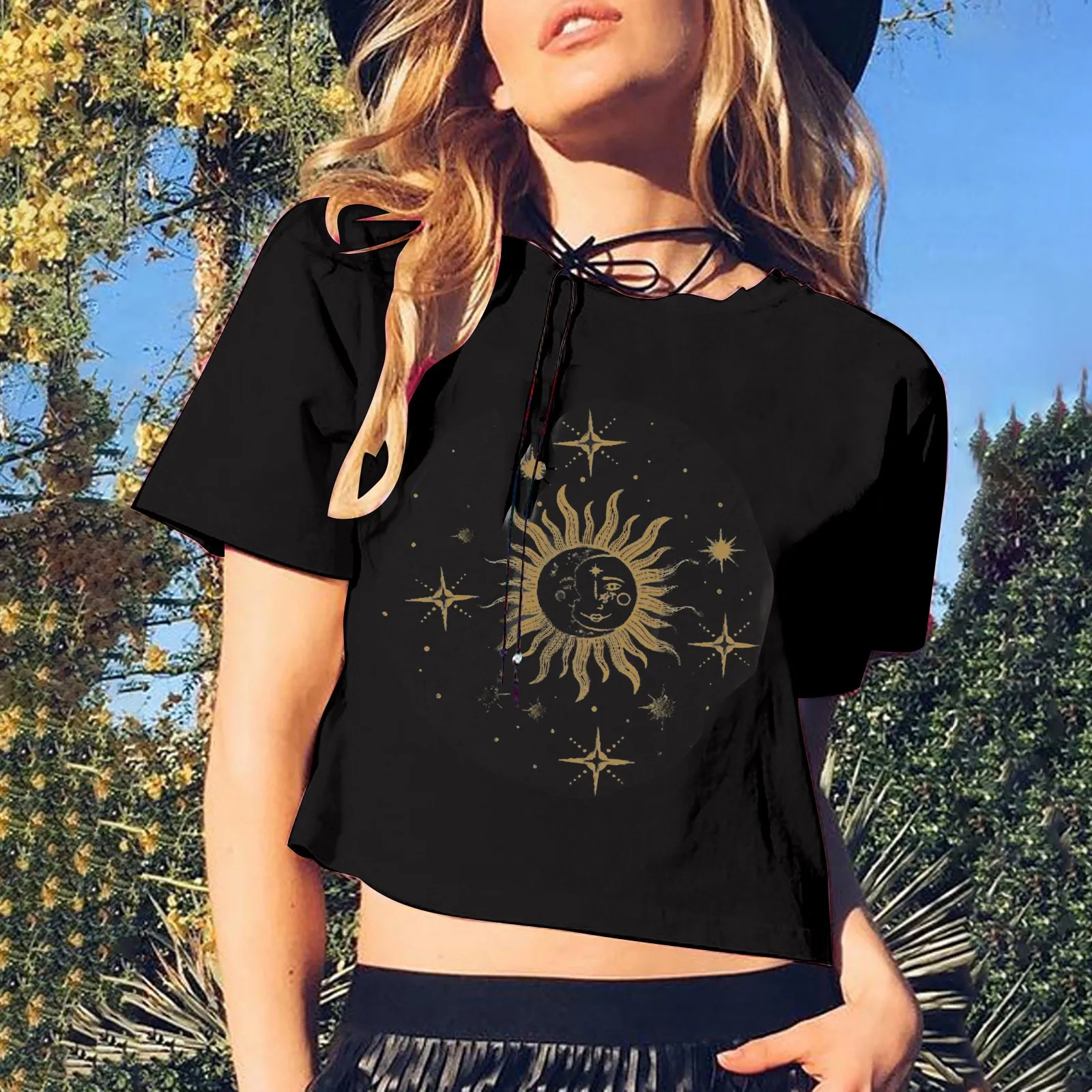 Vintage Printed T Shirt Women Sun Moon Star Graphic T-shirt Harajuku Tops Tee Short Sleeve crop top Tshirt Female Tshirts#g3 1