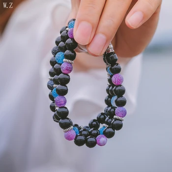 

Unique 8mm natural weathered stone mixed color Beads Bracelet Charm alloy beads elastic string popular for men and women