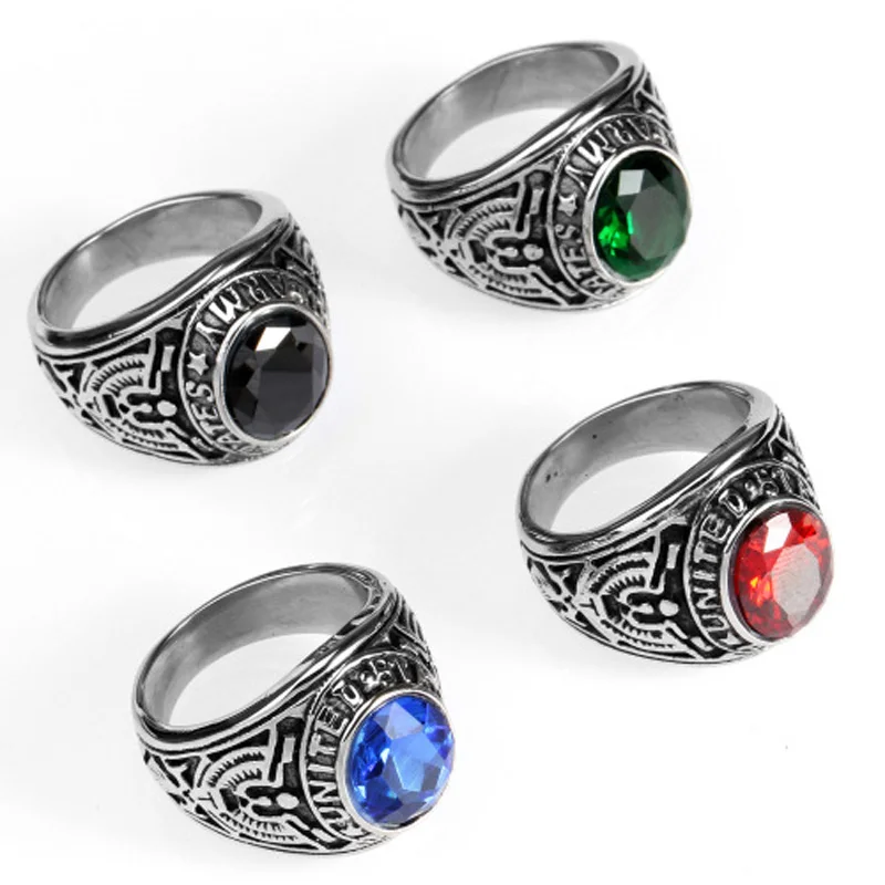 United States Army Navy Airforce Marines Venteran Military Stainless Steel Ring Retro USMC Memorial War Battle Blue Red Stone