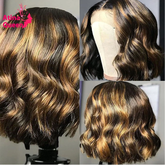 Invisible 13x4 Ombre short Bob Body Wave Wig Honey Blonde Highlight Pixie Cut Wigs Preplucked And Bleached Knots Lace Wig Remy 1