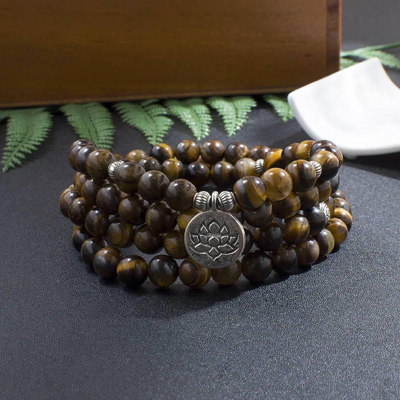 8mm Natürliches Gelbes Tigerauge Perlenarmband 108 Japamala Yoga Heilschmuck für Männer und Frauen Energie Elastisches Kordel-Wickelarmband
