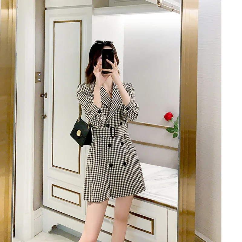 JMPRS Elegant Plaid Women Mini Dress Spring Double Breasted Long Sleeve Tunic Belt Party Blazers Dress Korean Slim Vestidos blazer dress