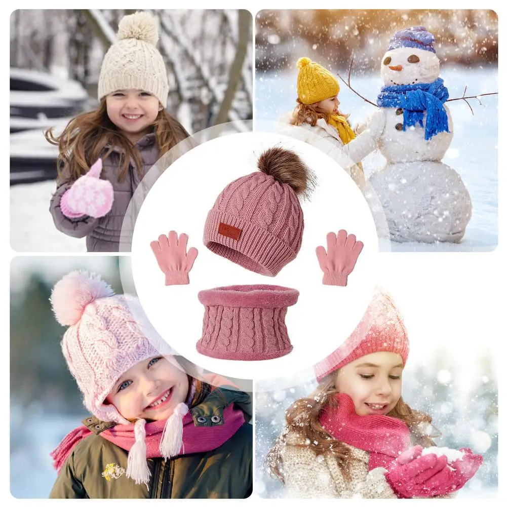 Toddler Winter Hat Scarf Hat And Gloves Set Toddlers Mittens 3Pcs Kids Winter Knitted Scarf Gloves Set For Girl Boys Ages
