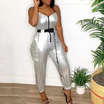 

Women Long Jumpsuits African 2020 Summer High Waist Reflective Sexy Jumpsuit Spaghetti Sleeveless Female Jumpsuit High STREET