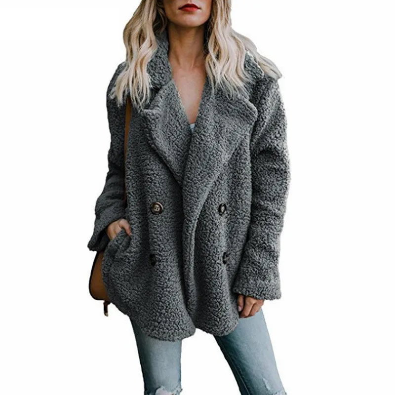 Женское зимнее толстое плюшевое пальто с отворотом и длинным рукавом, пушистые теплые меховые куртки с искусственным мехом, Женское пальто на пуговицах с карманами размера плюс 5XL