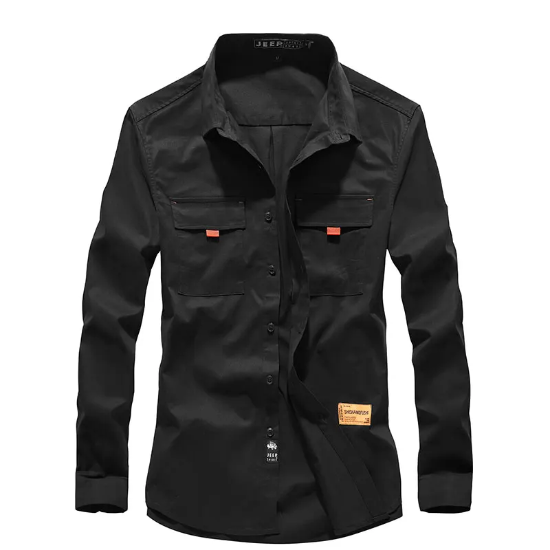 deep blue asia size Autumn Men's Dress Smart Casual Shirts Solid Color Cargo Military Style Shirt Men Straight Long-Sleeve High Quality Shirts - Цвет: deep blue asia size