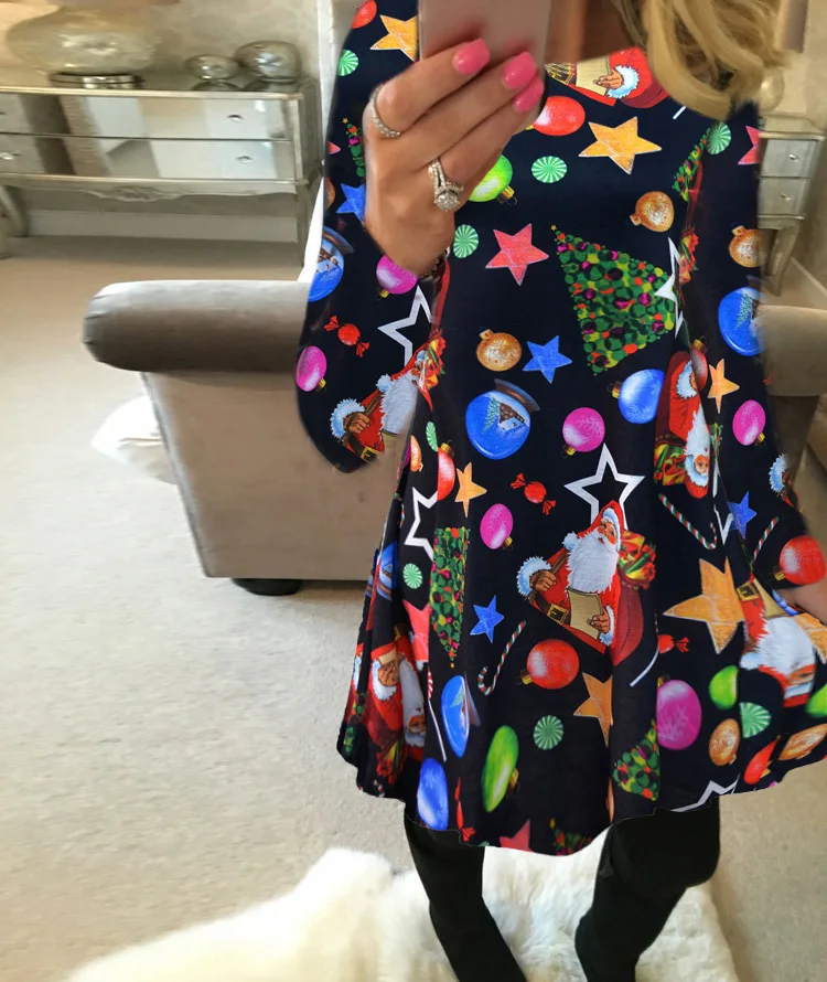 4XL 5XL Large Size Dress Casual Printed Cartoon Christmas Dress Autumn Winter Long Sleeve A -line Dress Plus Size Women Clothing