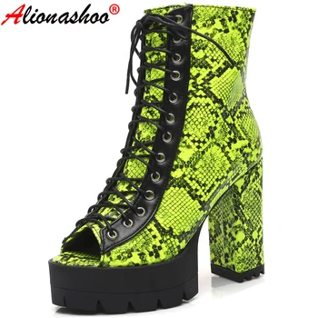 

Aliona Shoo Platform Peep Toe Autumn Ankle Boots For Women Snake Print Female Shoes Lace Up Motorcycle Boots British Style 35-43