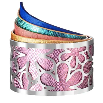 

Hollow Figure Pattern Stainless Steel Cuff Bangle Inner Soft Rainbow Color PU Leather Magnet Button Bracelet Women Gifts SL-169