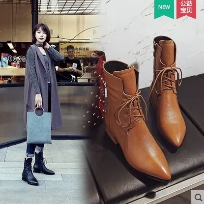 Женские ботинки для отдыха; ботильоны из искусственной кожи на шнуровке в винтажном стиле; зимняя обувь с острым носком; большие размеры